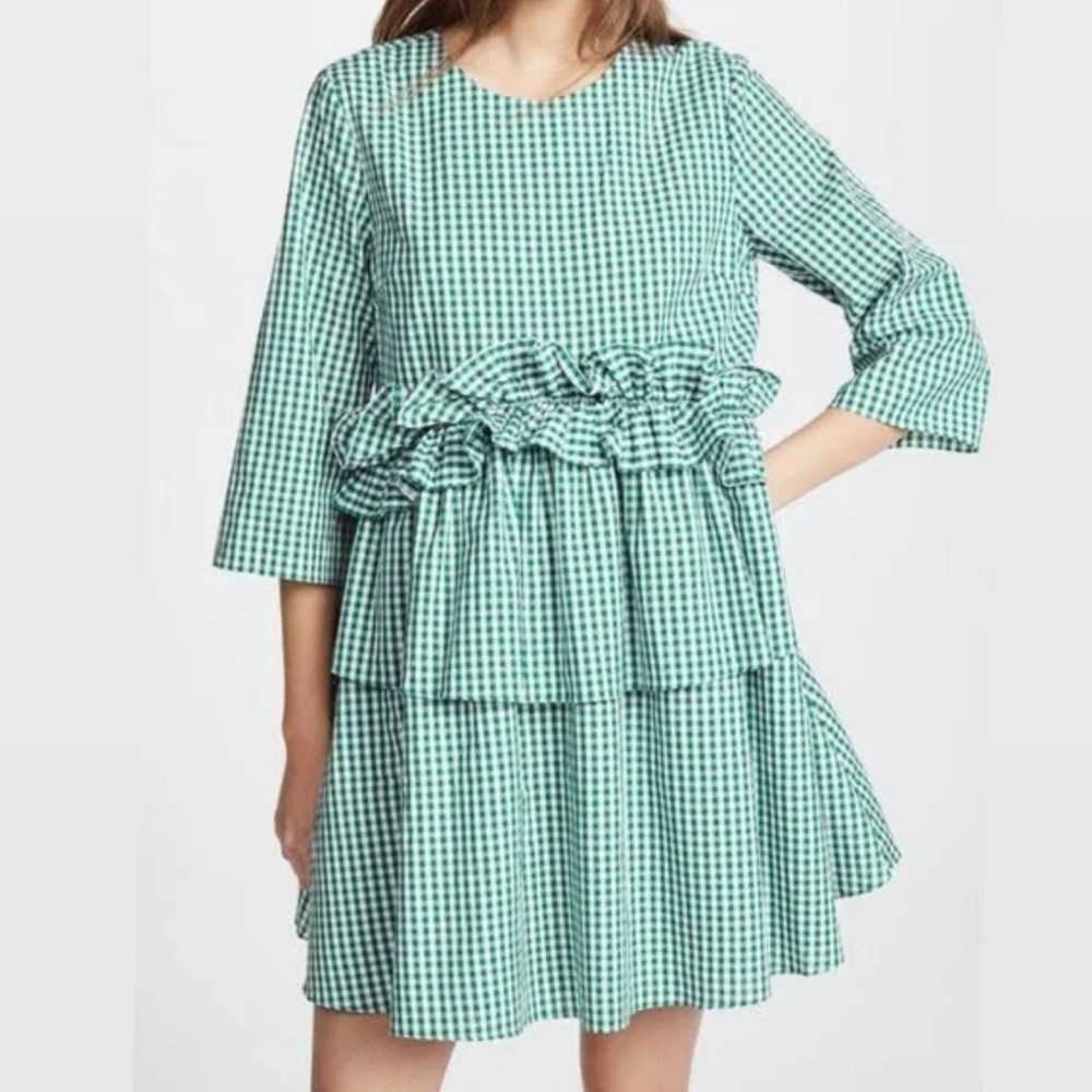 ENGLISH FACTORY Ruffled Mini Dress — Size S, Gingham Green